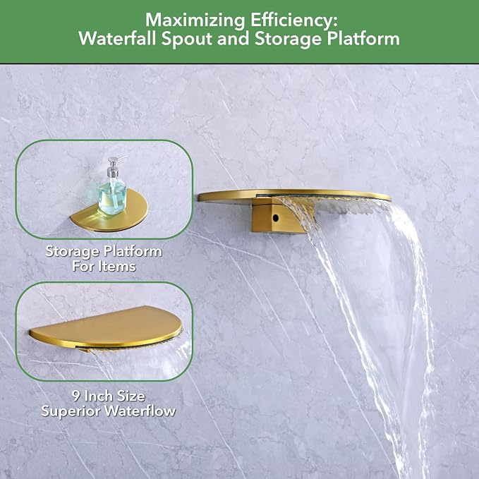 VANFOXLE Shower Faucet Set Brushed Gold Shower System, Push Button Diverter | 8 Inch Wall Mount Head, 2-in-1 Handheld Sprayer, 9 Inch Bathtub Waterfall Spout, Solid Brass Valve, Rust Resistant