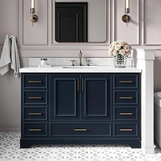 DKB Langford 54-inch Midnight Blue Bathroom Vanity with Center Rectangle Single Sink, Italian Carrara Marble Countertop & Backsplash, Solid Wood Frame, Soft-Closing & Dovetail Drawers