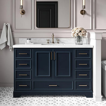 DKB Langford 54-inch Midnight Blue Bathroom Vanity with Center Rectangle Single Sink, Italian Carrara Marble Countertop & Backsplash, Solid Wood Frame, Soft-Closing & Dovetail Drawers