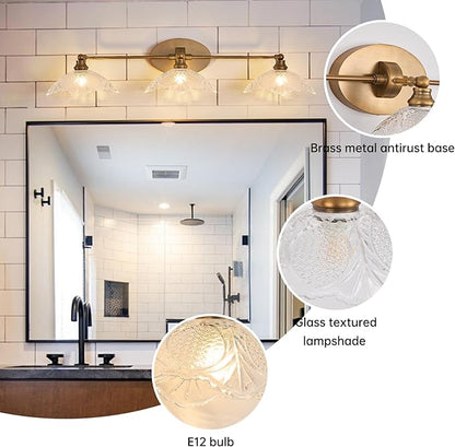 Vintage Bathroom Vanity Light Fixture, 3 Light Bathroom Vanity Light Length 33.85 inches Antique Brass with Crystal Glass Shade Antique Brass Vanity (E12 Bulb, Bulb not Included)