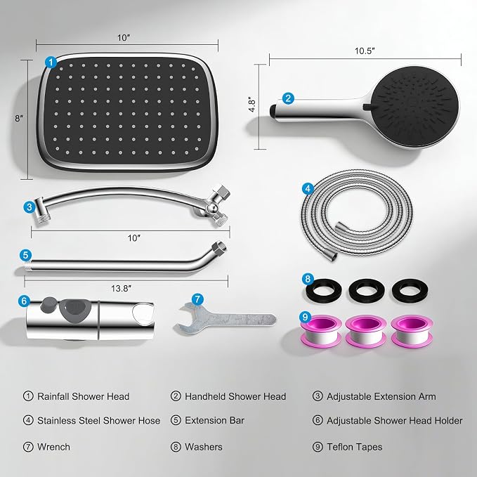 10" Rain Shower Head with Handheld/Extension Arm, Easy-Reach Holder, Chrome | High-Pressure Boosting Rainfall Showerhead with Metal Adjustable Extension Arm, 5-Spray Modes with Power Wash, Easy Install