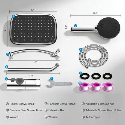 10" Rain Shower Head with Handheld/Extension Arm, Easy-Reach Holder, Chrome | High-Pressure Boosting Rainfall Showerhead with Metal Adjustable Extension Arm, 5-Spray Modes with Power Wash, Easy Install