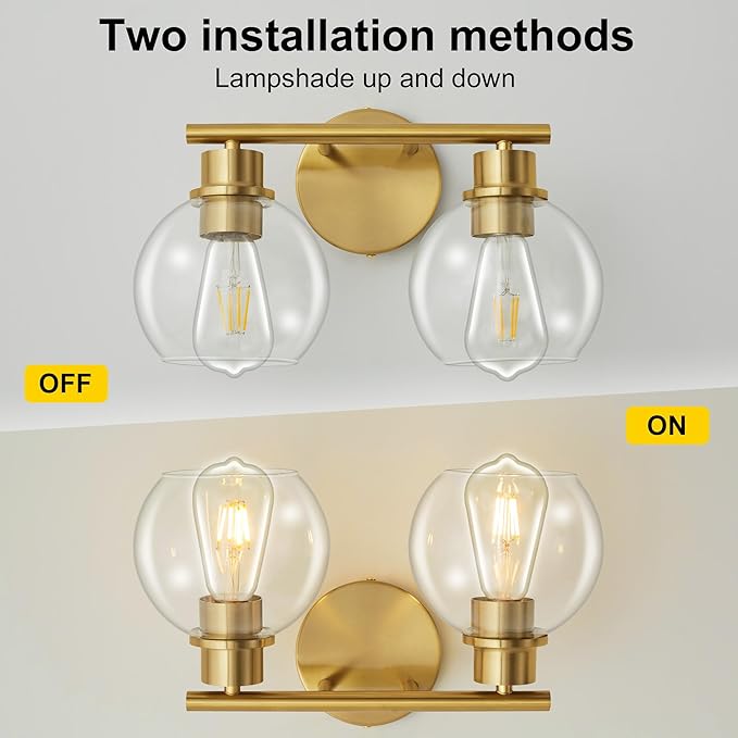 Bathroom Light Fixtures Over Mirror 2-Lights Bathroom Vanity Light with Clear Glass Shade 13.8 inch Gold Wall Sconce Brushed Brass Vanity Lighting Bathroom Light for Bath