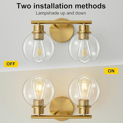 Bathroom Light Fixtures Over Mirror 2-Lights Bathroom Vanity Light with Clear Glass Shade 13.8 inch Gold Wall Sconce Brushed Brass Vanity Lighting Bathroom Light for Bath
