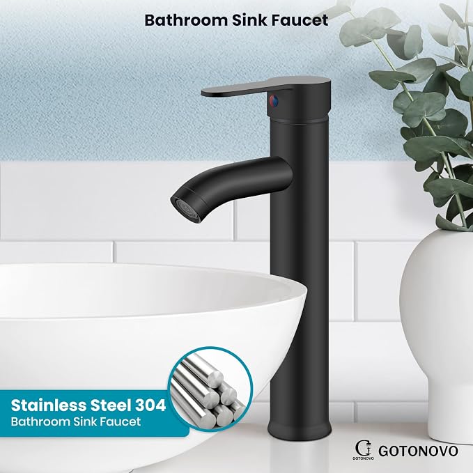 gotonovo Modern Vessel Sink Faucet with ABS Pop Up Drain, Matte Black | Modern Tall Bathroom Faucet 1 Hole Single Handle Round Body, cUPC Water Supply Hoses, Basin Mixer Tap for Vanity Lavatory Rv