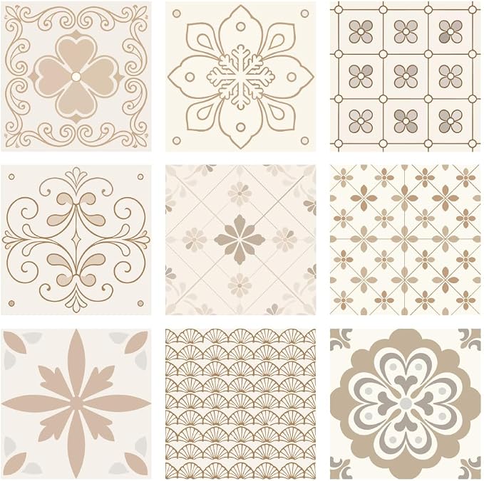36Pcs 9 Styles Floral Tile Sticker 4 x 4 Inch Bohemian Peel and Stick Tile Square Flower Pattern Beige Waterproof PVC Decals for Kitchen Bathroom Backsplash Furniture Floor DIY Home Decor