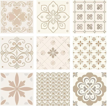 36Pcs 9 Styles Floral Tile Sticker 4 x 4 Inch Bohemian Peel and Stick Tile Square Flower Pattern Beige Waterproof PVC Decals for Kitchen Bathroom Backsplash Furniture Floor DIY Home Decor