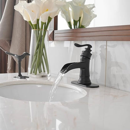 BWE Black Bathroom Faucet Matte Waterfall Sink Farmhouse Bath Vanity Single Hole Faucets One Handle Basin Antique centerset Restroom Mixer Tap Supply Line