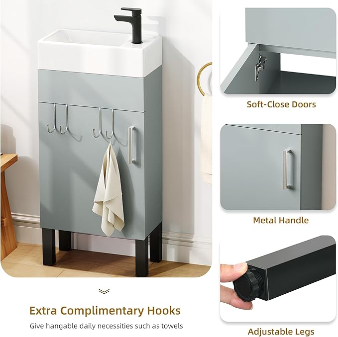 YITAHOME 16 Inch Bathroom Vanity with Sink, Bathroom Cabinet Vanity for Small Space, Freestanding Storage Bathroom Vanity with 1 Soft Closing Cabinet, Grey