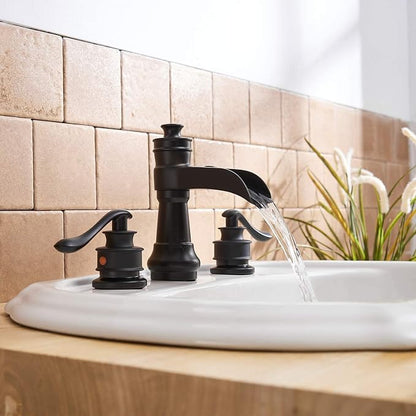 3 Hole 8 Inch Widespread Bathroom Sink Faucet Black Two Handles | Waterfall Spout,Lead-free,With Pop Up Drain and Supply Lines, Classic Farmhouse Retro, Stain Resistant Coating