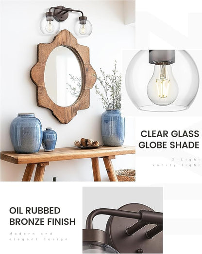 zeyu 2-Light Bathroom Vanity Lights Over Mirror, Farmhouse Globe Bathroom Light Fixtures with Clear Glass Shade, Oil Rubbed Bronze Finish, ZS62BG-2W ORB