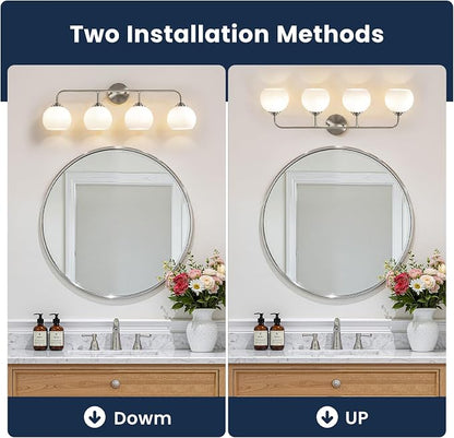 RUIYEY Bathroom Vanity Light Fixtures: 4-Lights Brushed Nickel Vintage Light Fixtures for Bathroom Above Mirror, Mid-Century Modern Wall Lights Indoor with Ribbed Lantern Frosted Milky Glass for Bath