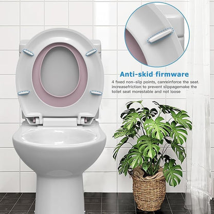 17" Round Pink Toilet Seat with Built-In Potty Training Seat, Soft Quiet-Close Non-Slip Design for Adult and Child, Magnetic Kids Seat and Cover, Easy to Install and Clean for Round Toilets