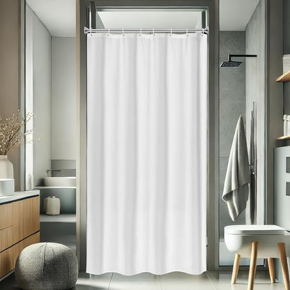 AooHome White Stall Size Bathroom Curtain for Hotel, Fabric Shower Liner with Hooks for Hotel, Waterproof, 48 Width x 72 Height Inch