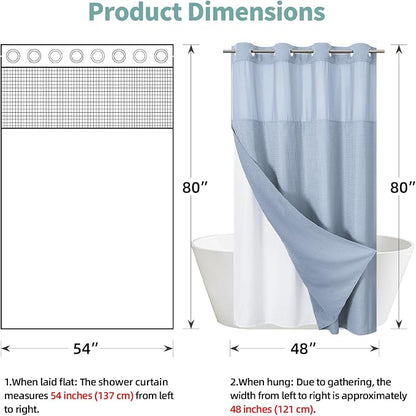 No Hook Waffle Shower Curtain with Snap-in Liner, 54x80 Inch, Frost Blue | 230GSM waffle weave fabric, waterproof liner set with 2 bottom magnets, mesh window, washable, for shower stalls or bathrooms