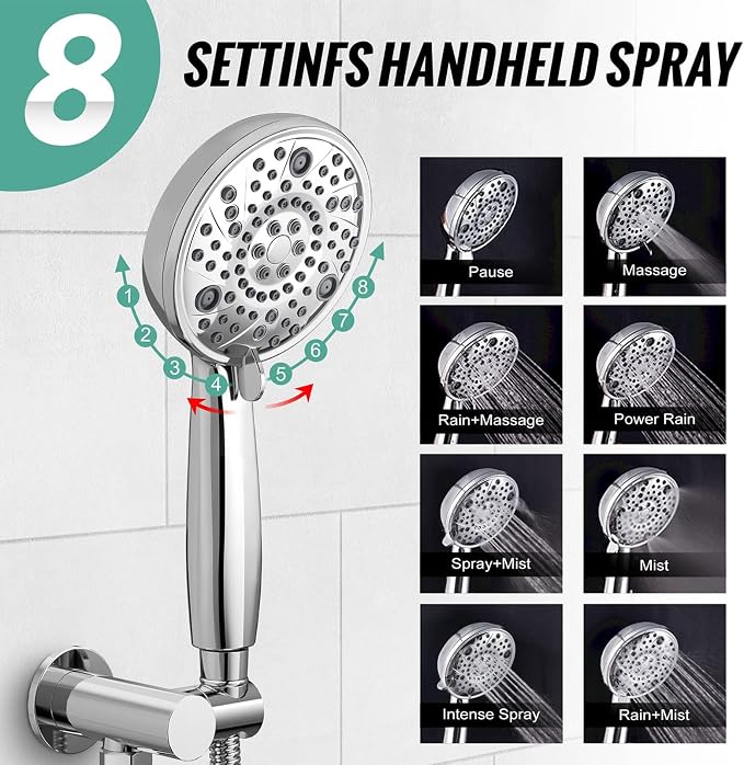 SR SUN RISE Shower Faucet - 8 Inch Multifunctional High Pressure Shower Head System with Handheld Shower Head Fixtures - Valve Included - Polished Chrome