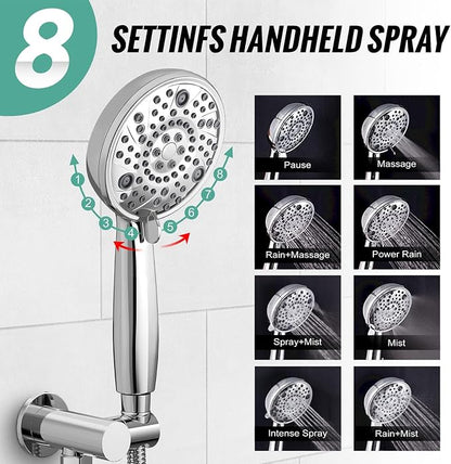 SR SUN RISE Shower Faucet - 8 Inch Multifunctional High Pressure Shower Head System with Handheld Shower Head Fixtures - Valve Included - Polished Chrome