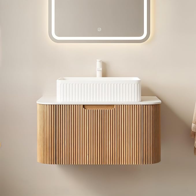 Yayzy 30" Floating Bathroom Vanity with Sink, Solid Wood Fluted Cabinet, White Fluted Square Ceramic Basin & Faux Marble Top, Soft-Close Drawer, Pre-Assembled, Natural Woodgrain