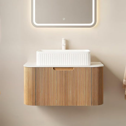 Yayzy 30" Floating Bathroom Vanity with Sink, Solid Wood Fluted Cabinet, White Fluted Square Ceramic Basin & Faux Marble Top, Soft-Close Drawer, Pre-Assembled, Natural Woodgrain