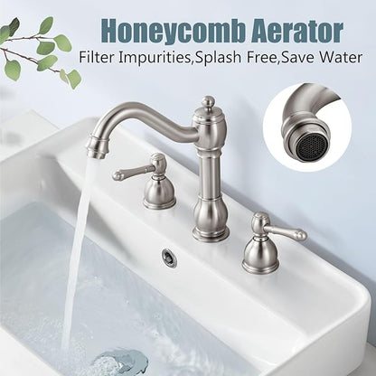 Aolemi 8 Inch Widespread Bathroom Sink Faucet 3 Hole Deck Mount Vanity Basin Mixer Tap with Pop Up Drain Assembly Brushed Nickel Double Lever Handle