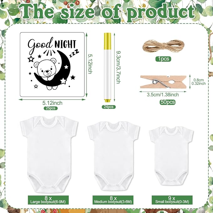 Panitay 126 Pcs Baby Shower DIY Bodysuit Set Bib 25 Blank White Newborn Bodysuit 25 Stencils 24 Marker 1 Sign 50 Pins(Woodland Animals)