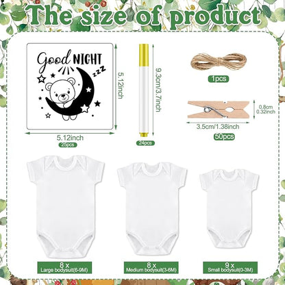 Panitay 126 Pcs Baby Shower DIY Bodysuit Set Bib 25 Blank White Newborn Bodysuit 25 Stencils 24 Marker 1 Sign 50 Pins(Woodland Animals)