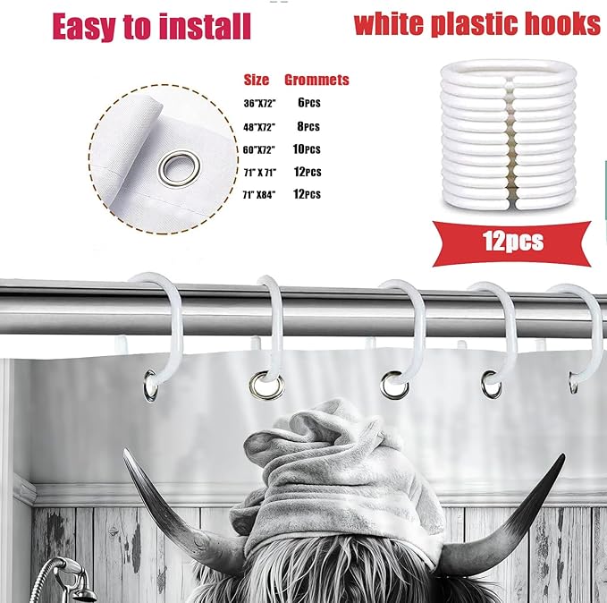 Highland Cow Shower Curtain, Funny Black & White Cow in Bathtub with Towel Rustic Bathroom Decor, Waterproof Washable Polyester Fabric, with Hooks for Farmhouse Bathroom Decorations 71x84inch.