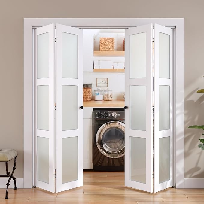 SMARTSTANDARD Bifold Door for 56"x 80" Opening, Tempered Frosted Glass, MDF | Closet Folding Doors with Hardware kit Included, White, Water-Proof PVC Surface, Easy Install, Space-Saving