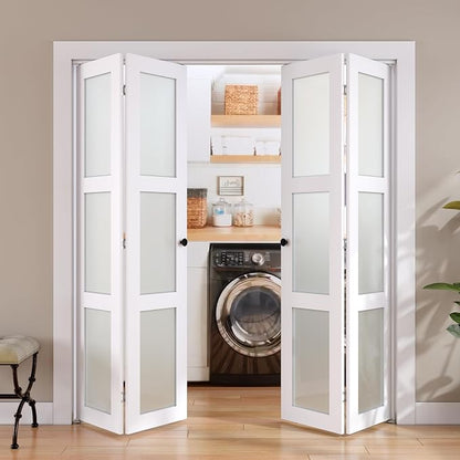 SMARTSTANDARD Bifold Door for 56"x 80" Opening, Tempered Frosted Glass, MDF | Closet Folding Doors with Hardware kit Included, White, Water-Proof PVC Surface, Easy Install, Space-Saving