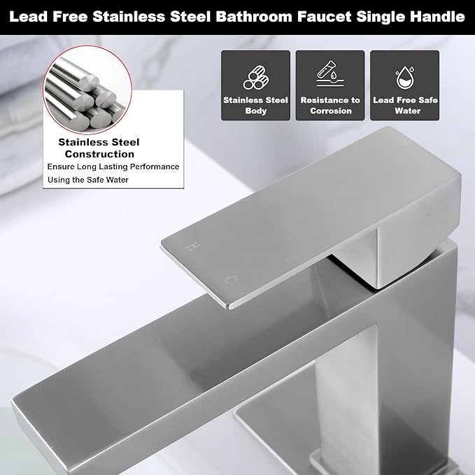 Single Hole Bathroom Faucet, Brushed Nickel Bathroom Sink Faucet | Single Handle 1 Hole Faucet for Bathroom Sink with Pop Up Stopper, Stainless Steel Vanity Faucet