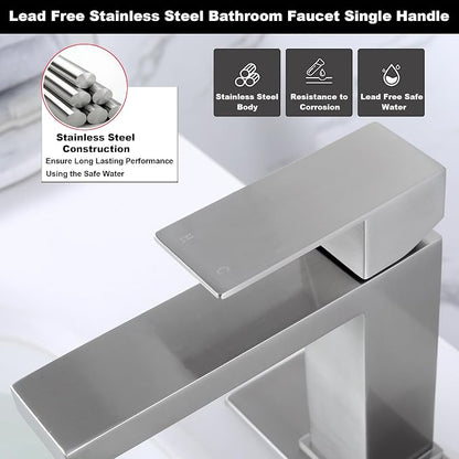 Single Hole Bathroom Faucet, Brushed Nickel Bathroom Sink Faucet | Single Handle 1 Hole Faucet for Bathroom Sink with Pop Up Stopper, Stainless Steel Vanity Faucet