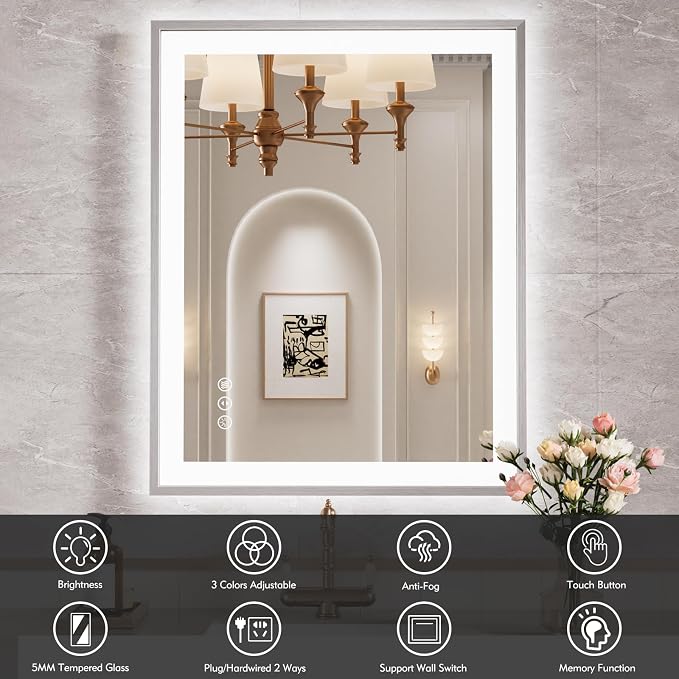 24x30 Inch Silver Frame LED Mirror for Bathroom | Silver Metal Frame, Front and Backlit, 3 Colors, Dimmable, Memory, Anti Fog, Tempered Glass, Lighted Mirror for Wall