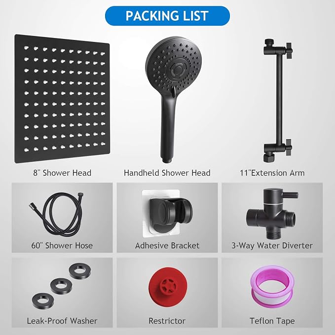 Shower Head Combo, 8 Inch High Pressure Rain with 11 Inch Adjustable Extension Arm and 5 Settings Handheld, Powerful Spray Against Low Water Pressure- Matte Black
