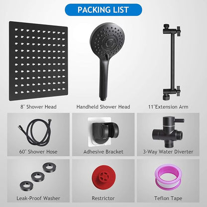 Shower Head Combo, 8 Inch High Pressure Rain with 11 Inch Adjustable Extension Arm and 5 Settings Handheld, Powerful Spray Against Low Water Pressure- Matte Black