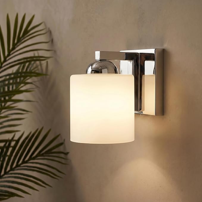 mirrea 1-Light Chromed Bathroom Vanity Light with White Glass Shade | Over Mirror,Wall Sconce,ETL listed,Bathroom Lighting Fixtures,Elegant Design,Milk White Glass Shade,Easy Installation