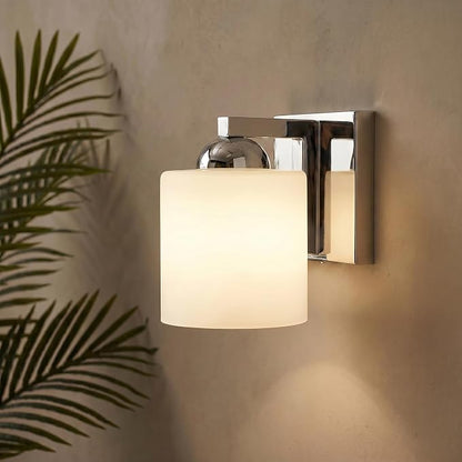 mirrea 1-Light Chromed Bathroom Vanity Light with White Glass Shade | Over Mirror,Wall Sconce,ETL listed,Bathroom Lighting Fixtures,Elegant Design,Milk White Glass Shade,Easy Installation