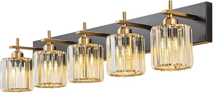 Modern Crystal Bathroom Vanity Lights, Black Gold 5-Lights Bathroom Light Fixtures Over Mirror, Crystal Wall Lighting with Polished Gold Finish(Exclude Bulb)