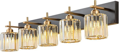 Modern Crystal Bathroom Vanity Lights, Black Gold 5-Lights Bathroom Light Fixtures Over Mirror, Crystal Wall Lighting with Polished Gold Finish(Exclude Bulb)