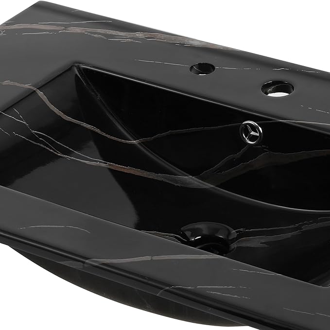 JONATHAN Y SNK1002D Ancillary 3-Hole 30 in. W x 18.25 in. D Classic Contemporary Rectangular Ceramic Single Sink Basin Vanity Top, Black Marble Effect