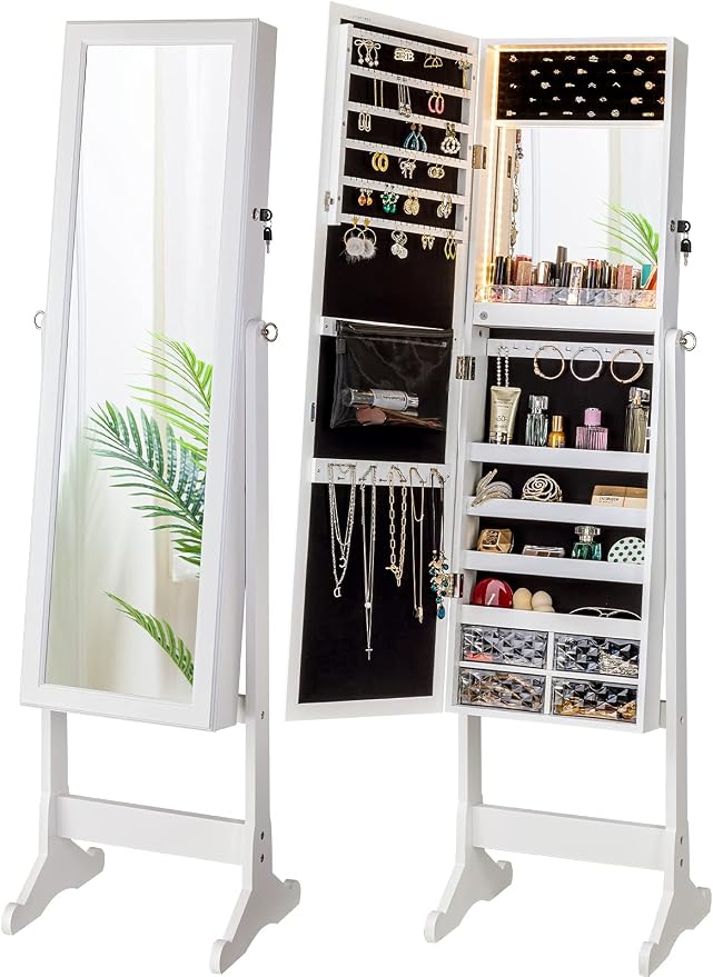 LUXFURNI 62.6" Standing Jewelry Armoire Cabinet with Storage Mirror | Built‑in LED Makeup Mirror, 3 Tilt Angles, 48H Runtime with 6AA Batteries, Acrylic Lipstick Tray, Engineered Wood for Bedroom