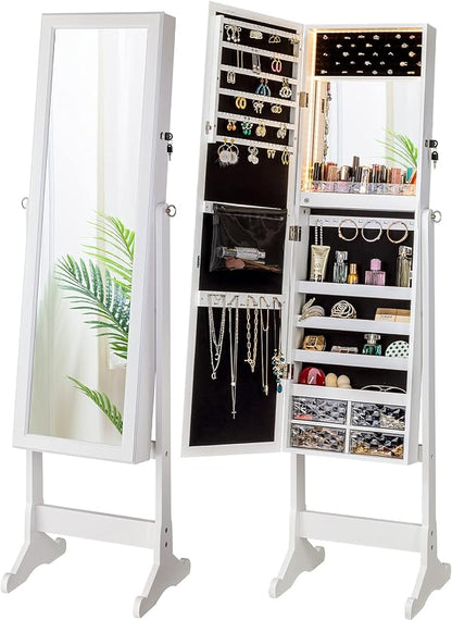 LUXFURNI 62.6" Standing Jewelry Armoire Cabinet with Storage Mirror | Built‑in LED Makeup Mirror, 3 Tilt Angles, 48H Runtime with 6AA Batteries, Acrylic Lipstick Tray, Engineered Wood for Bedroom