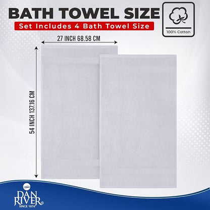 DAN RIVER 600 GSM Cotton Large Bath Towels Set of 4, 27 x 54 Inches, White | Larger & Lighter Weight Towels for Bathroom - Highly Absorbent & Quick Dry 100% Cotton Bath Towel Set for Home, Spa & Hotel