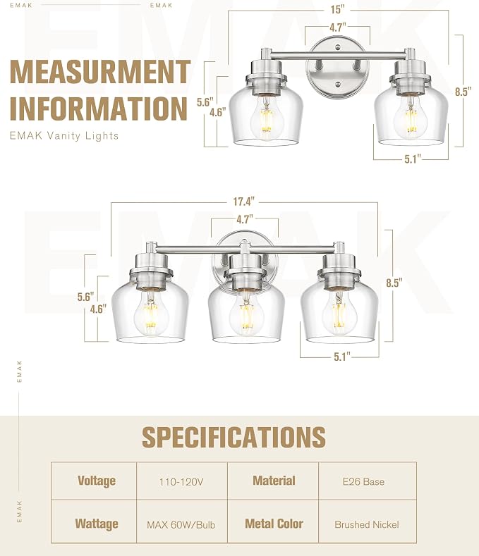 Emak 2-Light Vanity Lights, Brushed Nickel Bathroom Lights Over Mirror with Clear Glass Shade, Modern Bathroom Wall Sconces, VL122-BN-CG-2