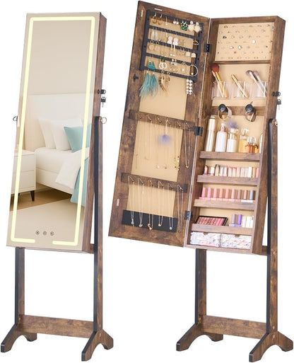 LUXFURNI Standing Jewelry Armoire Cabinet with Full‑Length Mirror Storage | 3‑Color LED Lights, 3 Brush Holders, 3 Adjustable Tilt Angles, True‑to‑View Glass, USB‑Powered Supply, Lockable Design
