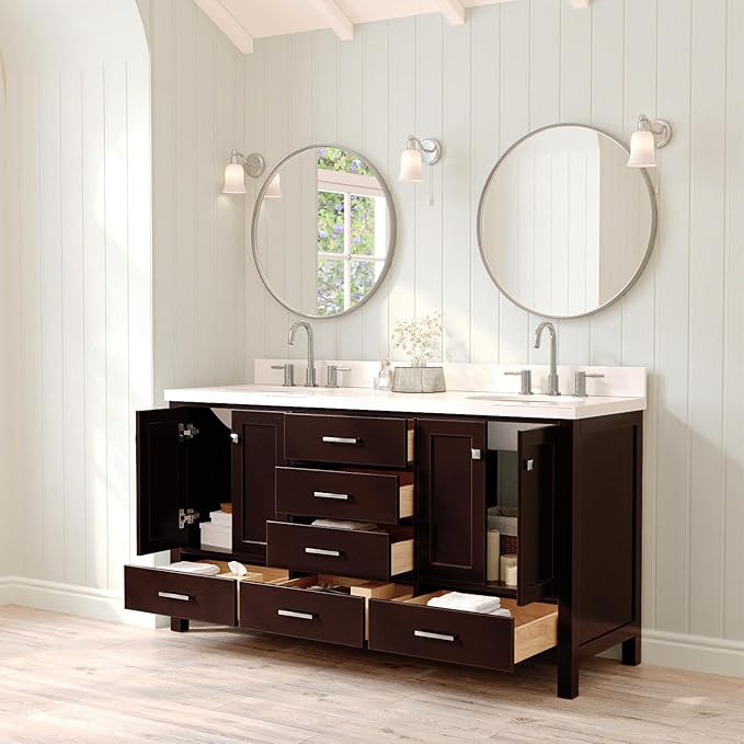 ARIEL Cambridge 66-inch Bathroom Vanity with Sink,Solid Wood, 1.5-inch Pure White Quartz Countertop & Backsplash, Double Oval Porcelain Sink, 4 Soft Closing Doors, 6 Dovetail Drawers, Espresso