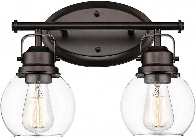 Farmhouse Vintage Bathroom Light Fixtures, 2-Light Wall Mount Lighting Sconce Over Mirror, Oil Rubbed Bronze Vanity Lights with Globe Clear Glass, AD-2147-2W