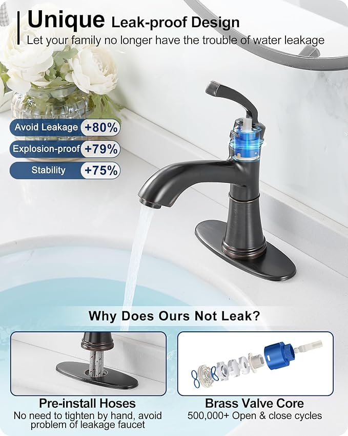 Brass One Hole Bathroom Faucet, 4 Inch Oil Rubbed Bronze Bathroom Faucets 3 Hole, Bathroom Sink Faucet Single Handle, Vanity Sink Faucet with Deck Plate, Pre-Installed Hoses, Pop-up Drain