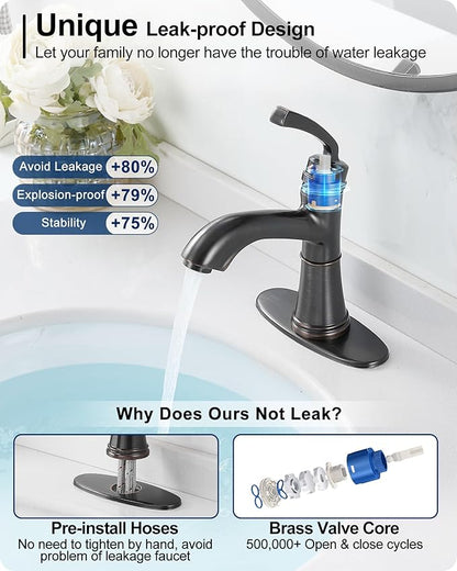 Brass One Hole Bathroom Faucet, 4 Inch Oil Rubbed Bronze Bathroom Faucets 3 Hole, Bathroom Sink Faucet Single Handle, Vanity Sink Faucet with Deck Plate, Pre-Installed Hoses, Pop-up Drain