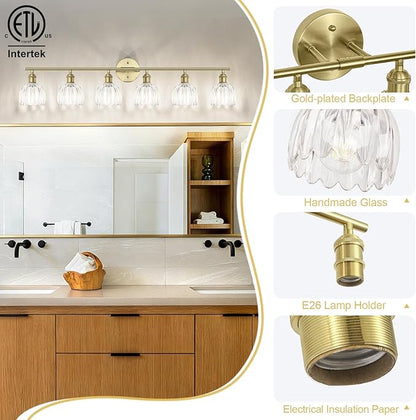 Vintage Bathroom Light Fixtures,6-Light Hardwired Vanity Lights with Clear Tulip Glass Shade,Gold Bathroom Vanity Light for Mirror Restroom,E26 Socket,40.55 in(Bulbs Not Included)