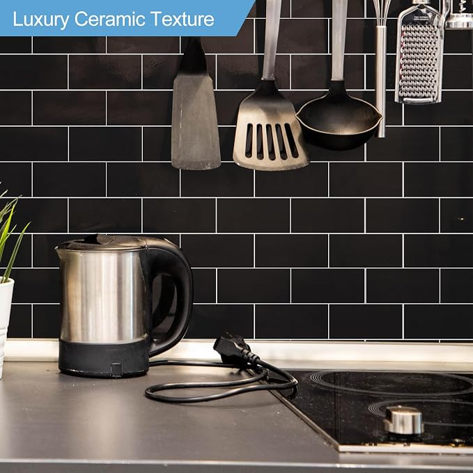 2026 New Upgrade Peel and Stick Backsplash Tile, Peel and Stick 11.34" X 11.57" Wall Tile for Kitchen, Bathroom, Fireplace, Laundry (Black, 20 Packs)